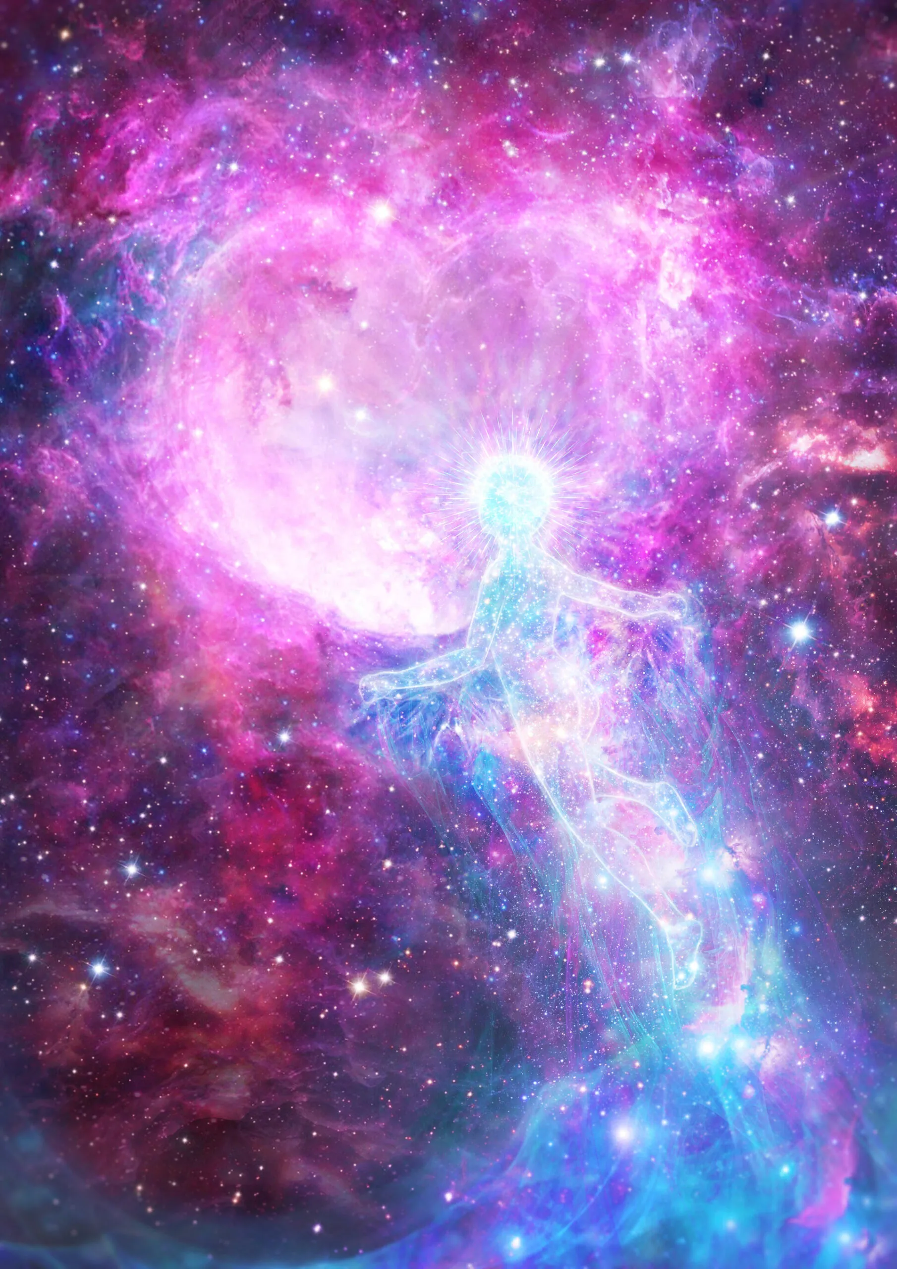 Lysende englefigur i et kosmisk univers